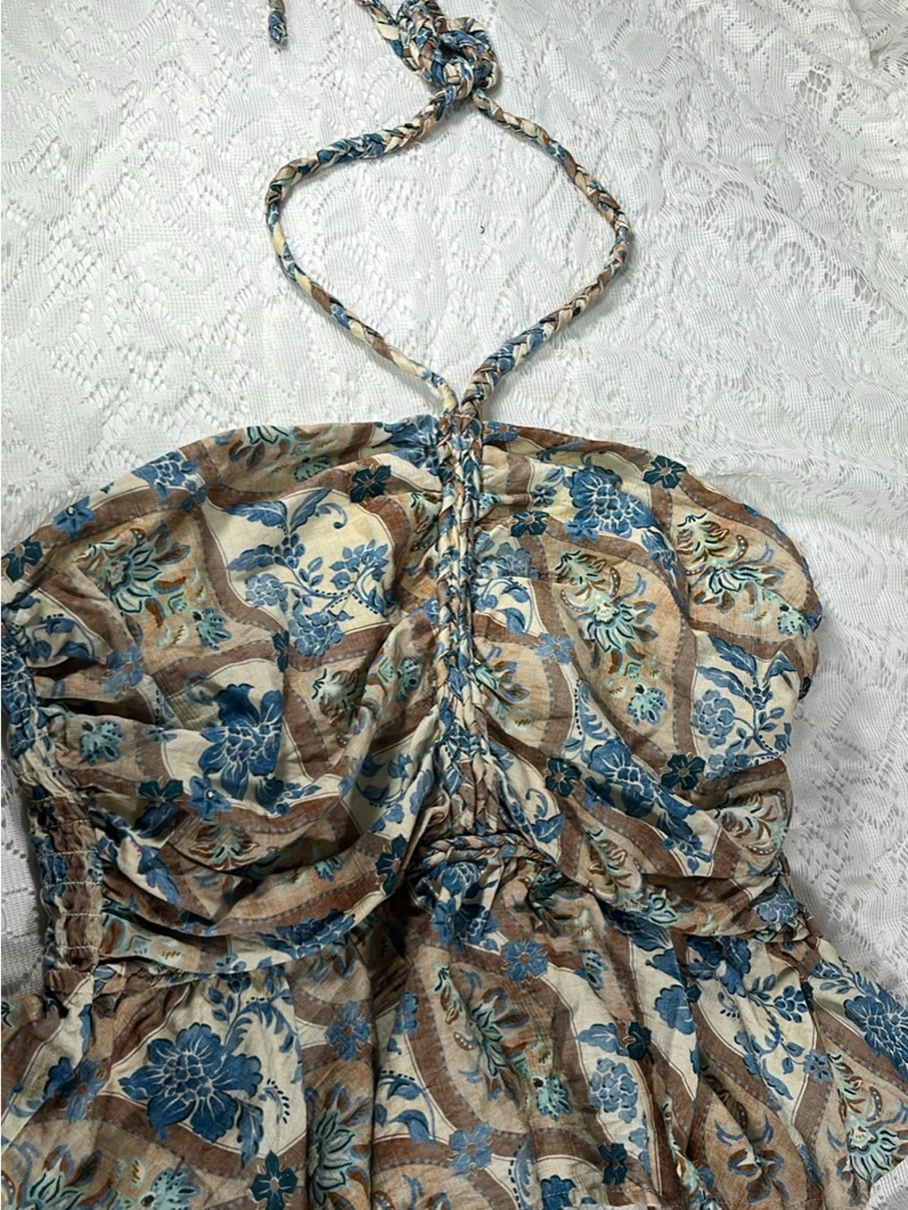 Floral Halter Tube Top in Blue and Tan